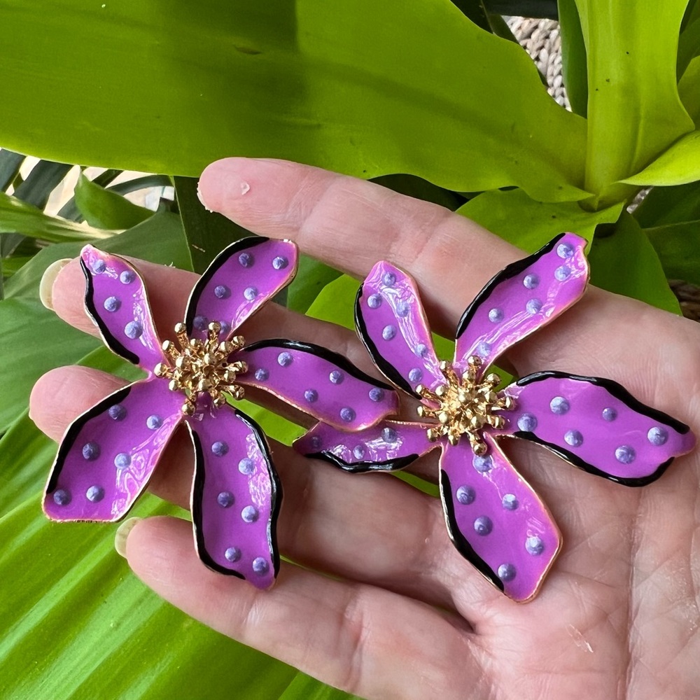 New Flower Power Polka Dot Purple Large Enamel Statement Earrings